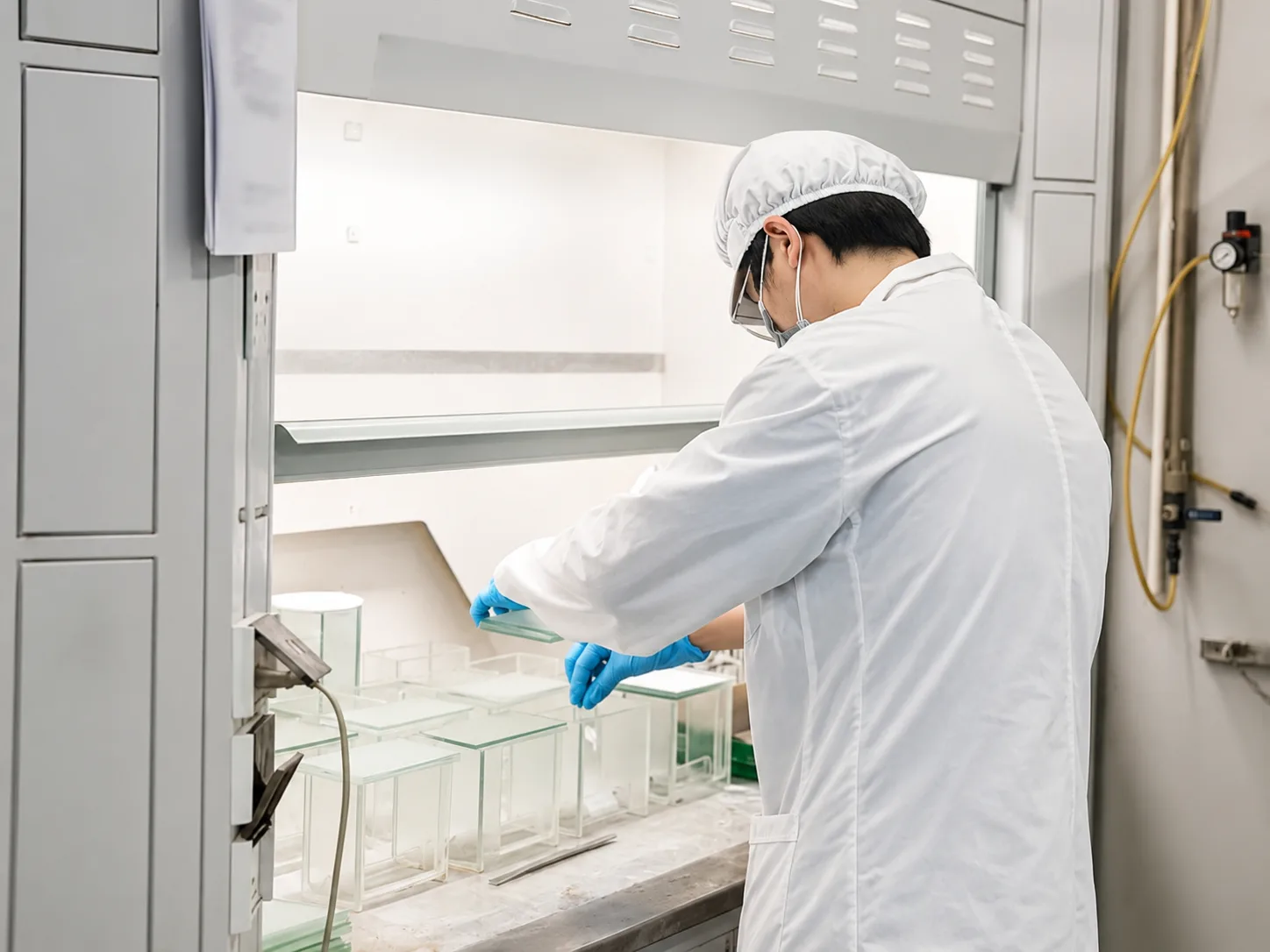 Xianyitang QA/QC staff in blue gloves working at a laboratory fume hood