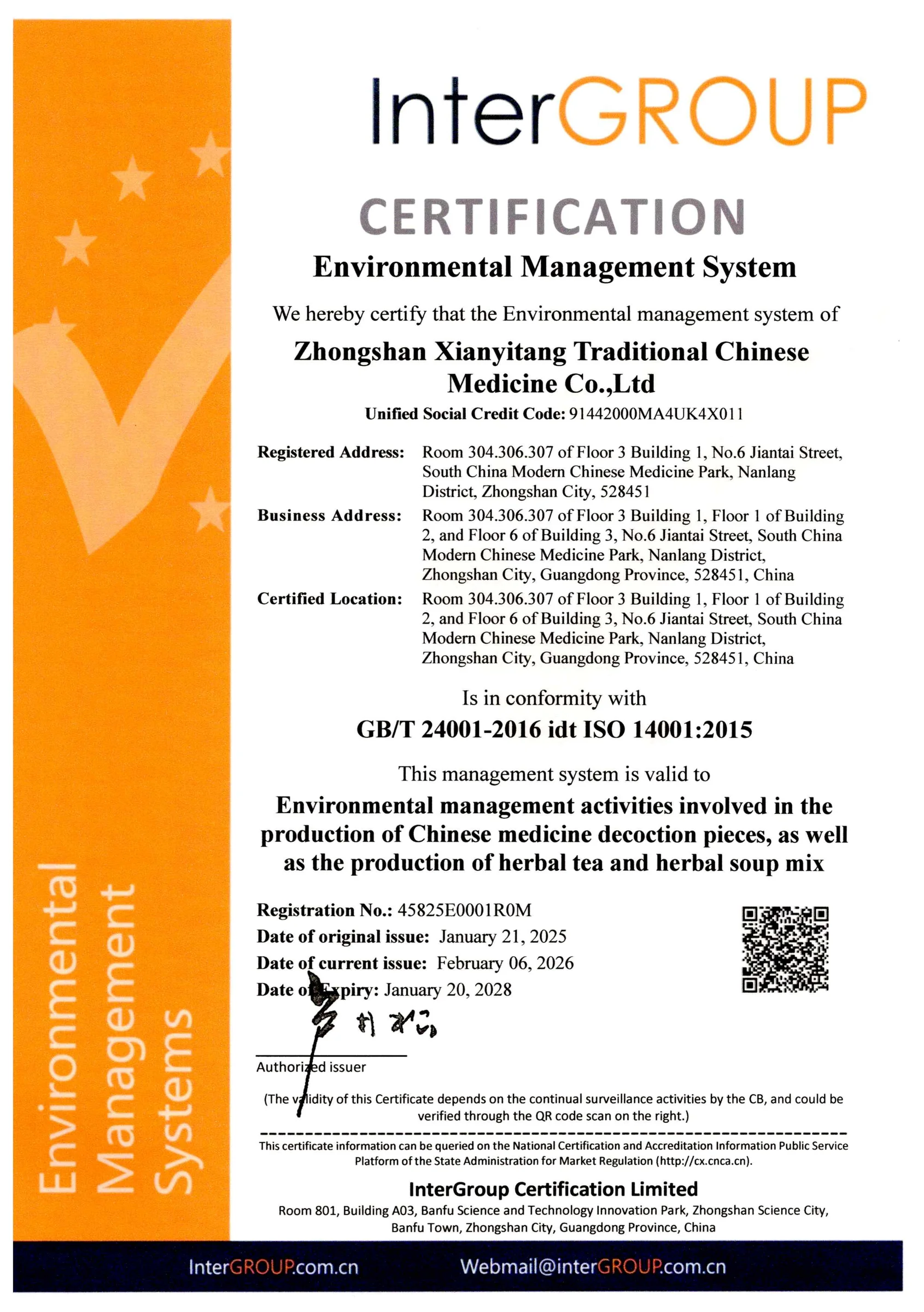 ISO 14001:2015 Environmental Management System Certificate