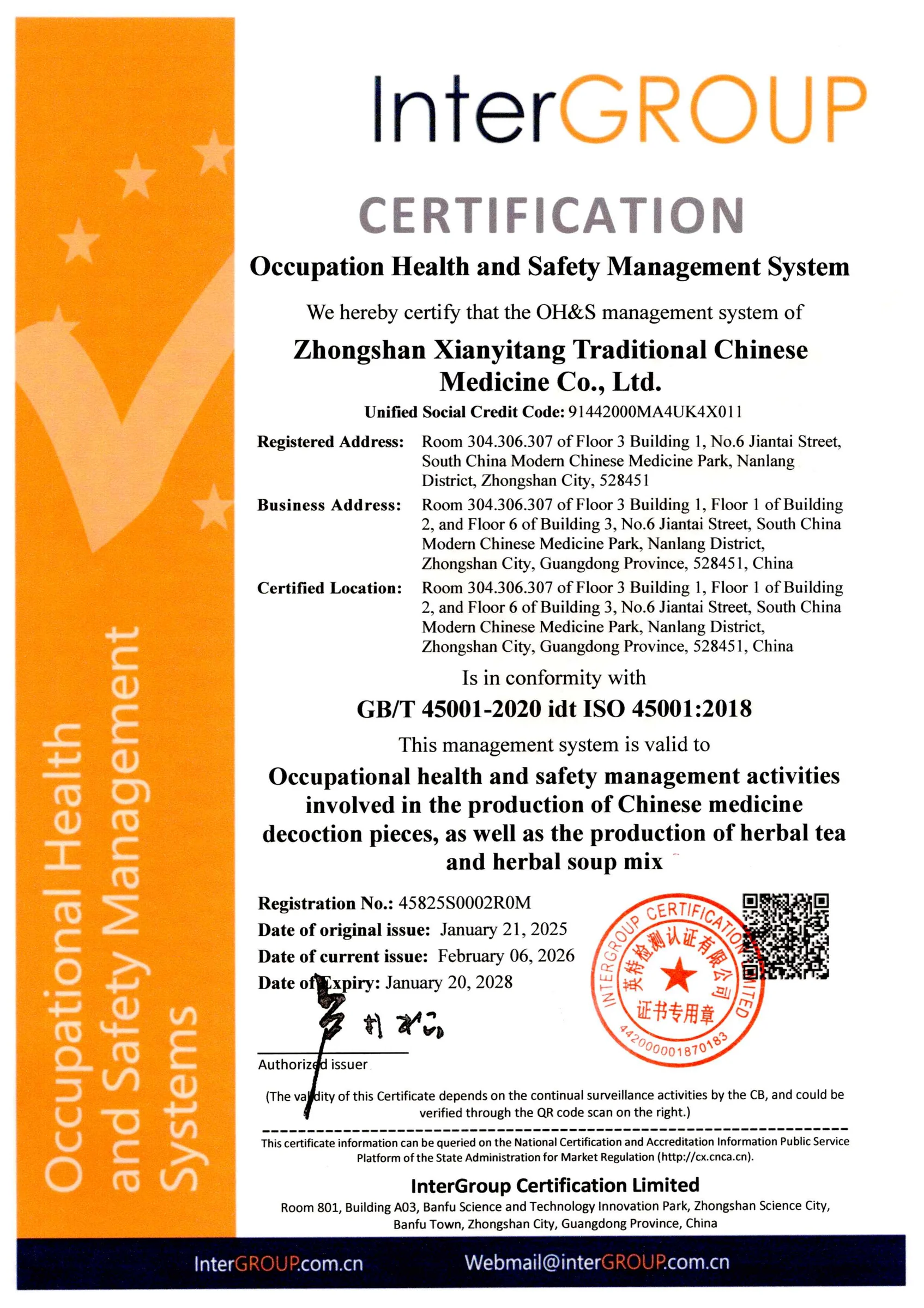 ISO 45001:2018 Occupational Health & Safety Management System Certificate