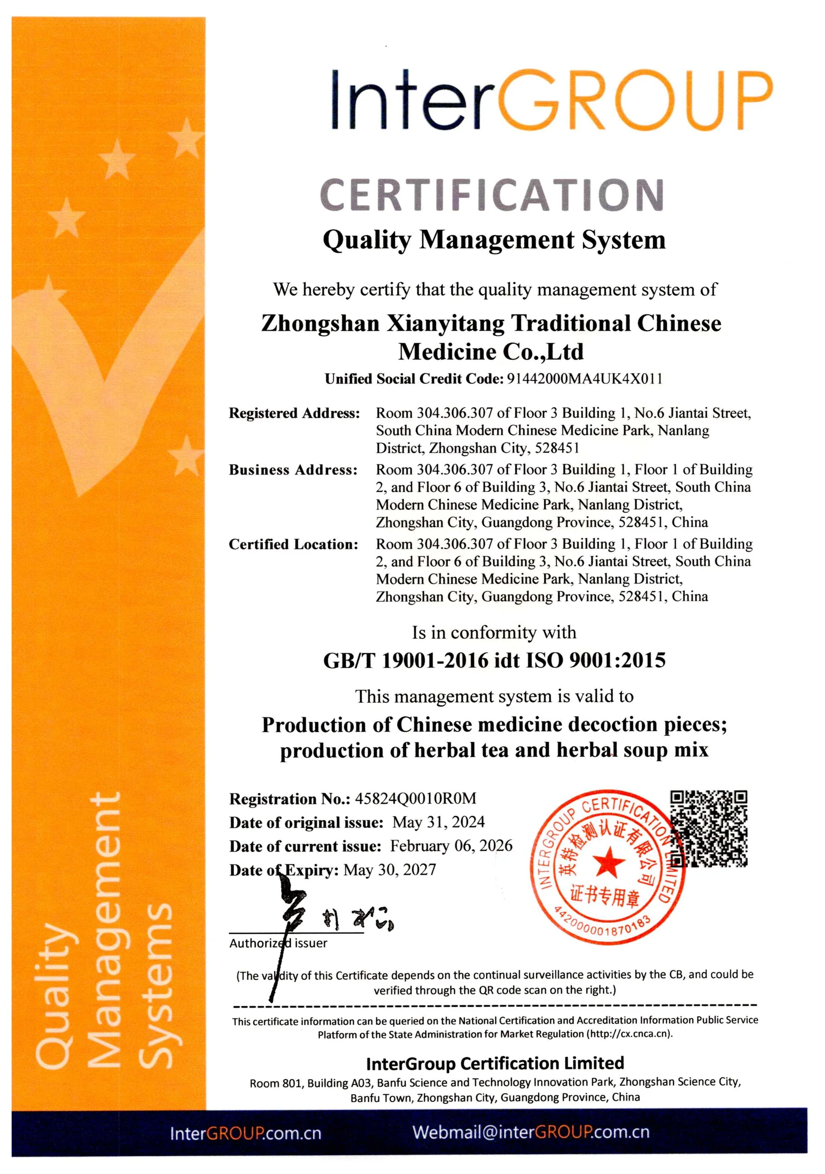 ISO 9001:2015 Quality Management System Certificate
