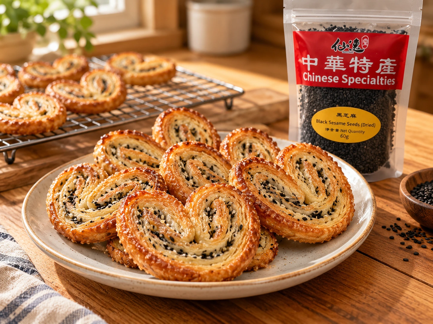黑芝麻蝴蝶酥焦糖金黃且層次薄脆,後方自然展示仙逸堂黑芝麻60g包裝