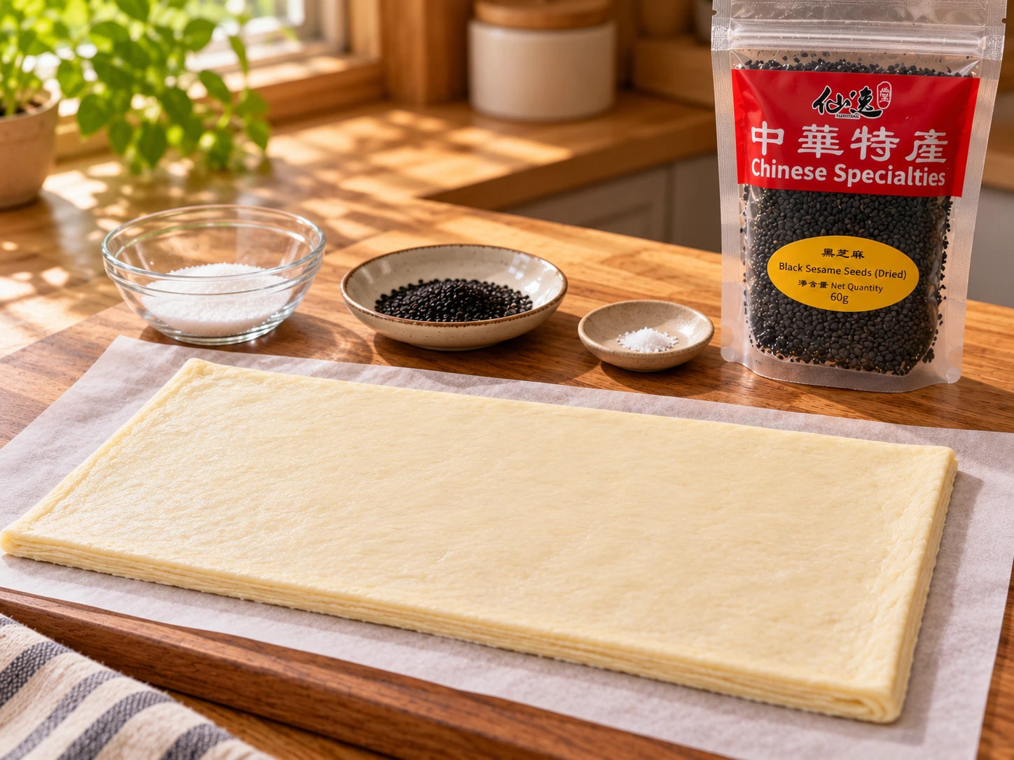 One sheet of chilled puff pastry, small measured amounts of black sesame, sugar and salt, with the 60 g sesame pack