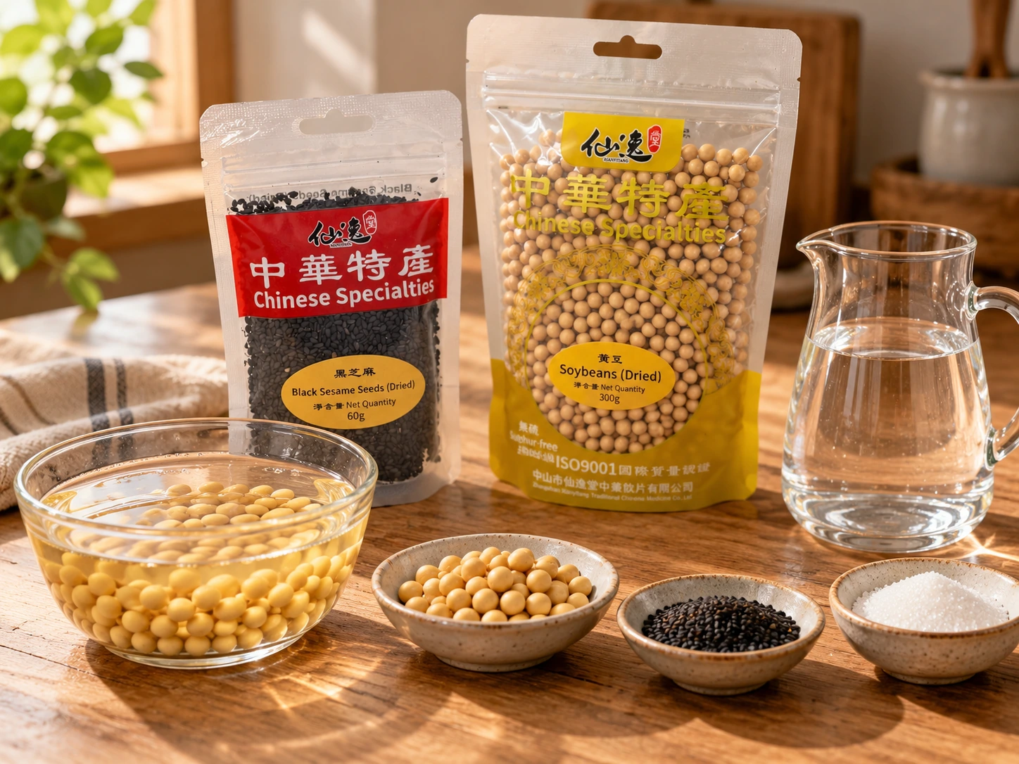 兩款真實商品包裝、少量乾黃豆與黑芝麻、清水浸泡黃豆碗及飲用水
