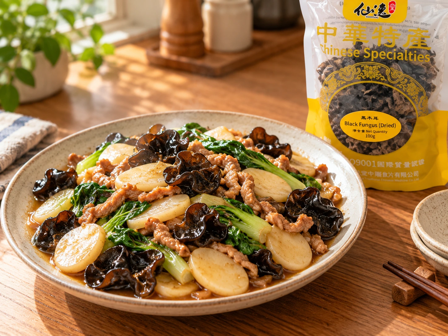 薄片年糕、深色熟黑木耳、豬肉絲和小白菜合炒的主食