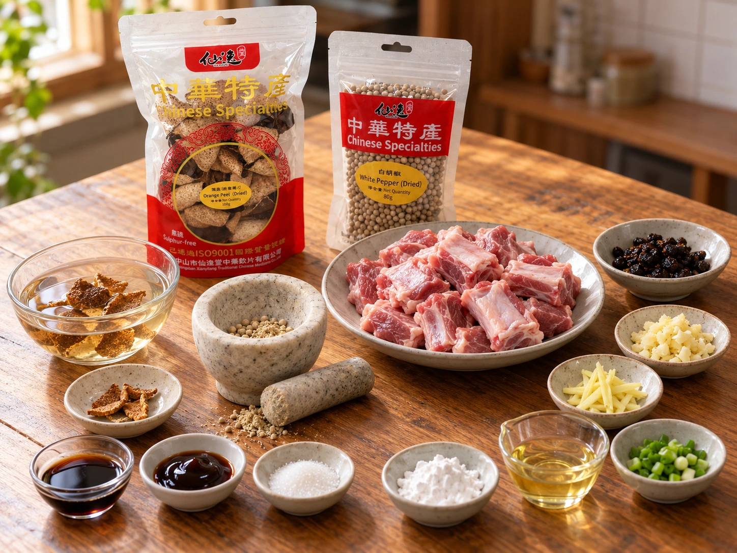 生排骨與陳皮乾片及泡水碗、原粒白胡椒及現磨小臼、豆豉和調味料