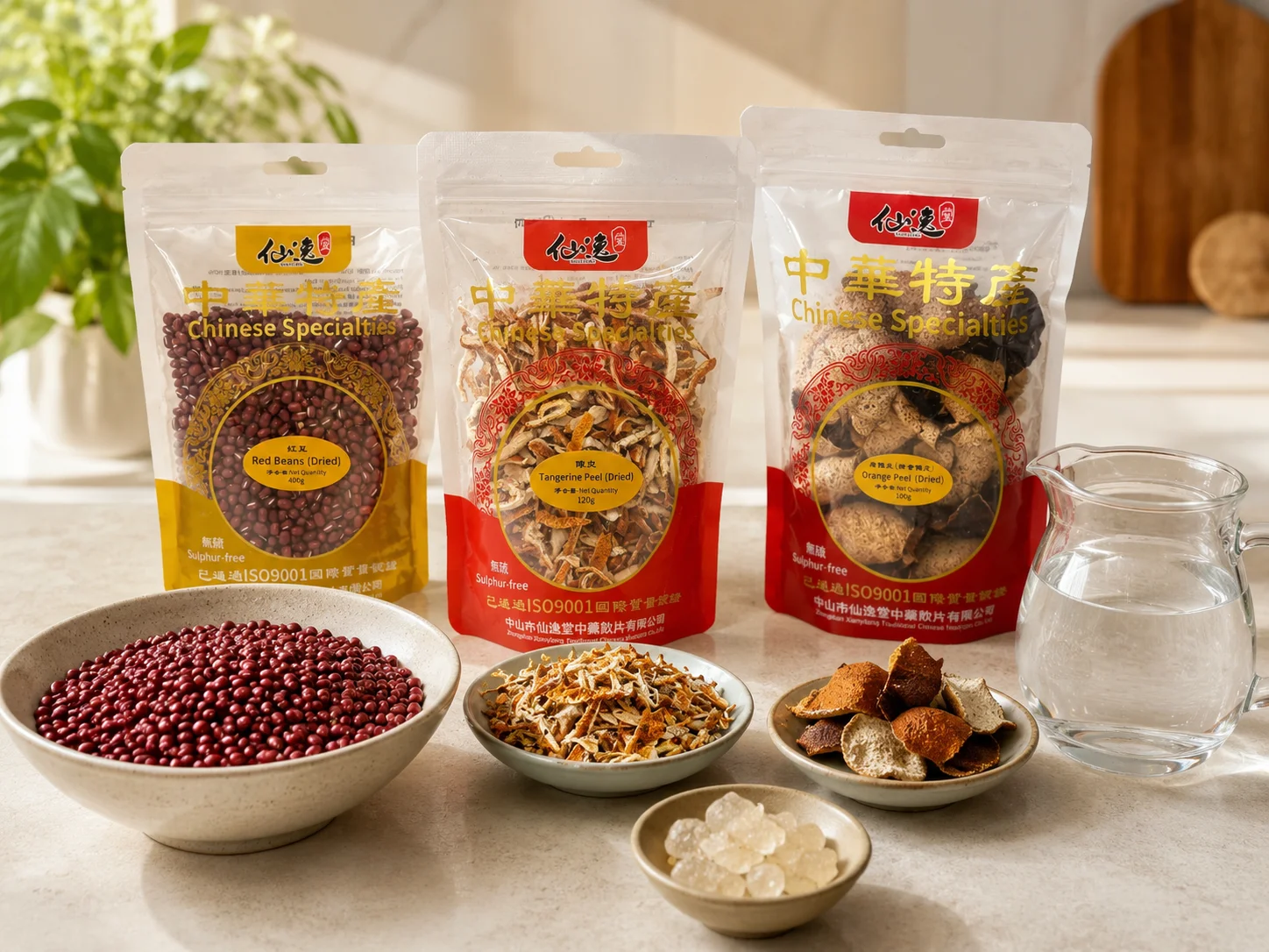 Chenpi red bean soup ingredients — Xianyitang red beans, tangerine peel shreds, Xinhui chenpi and rock sugar