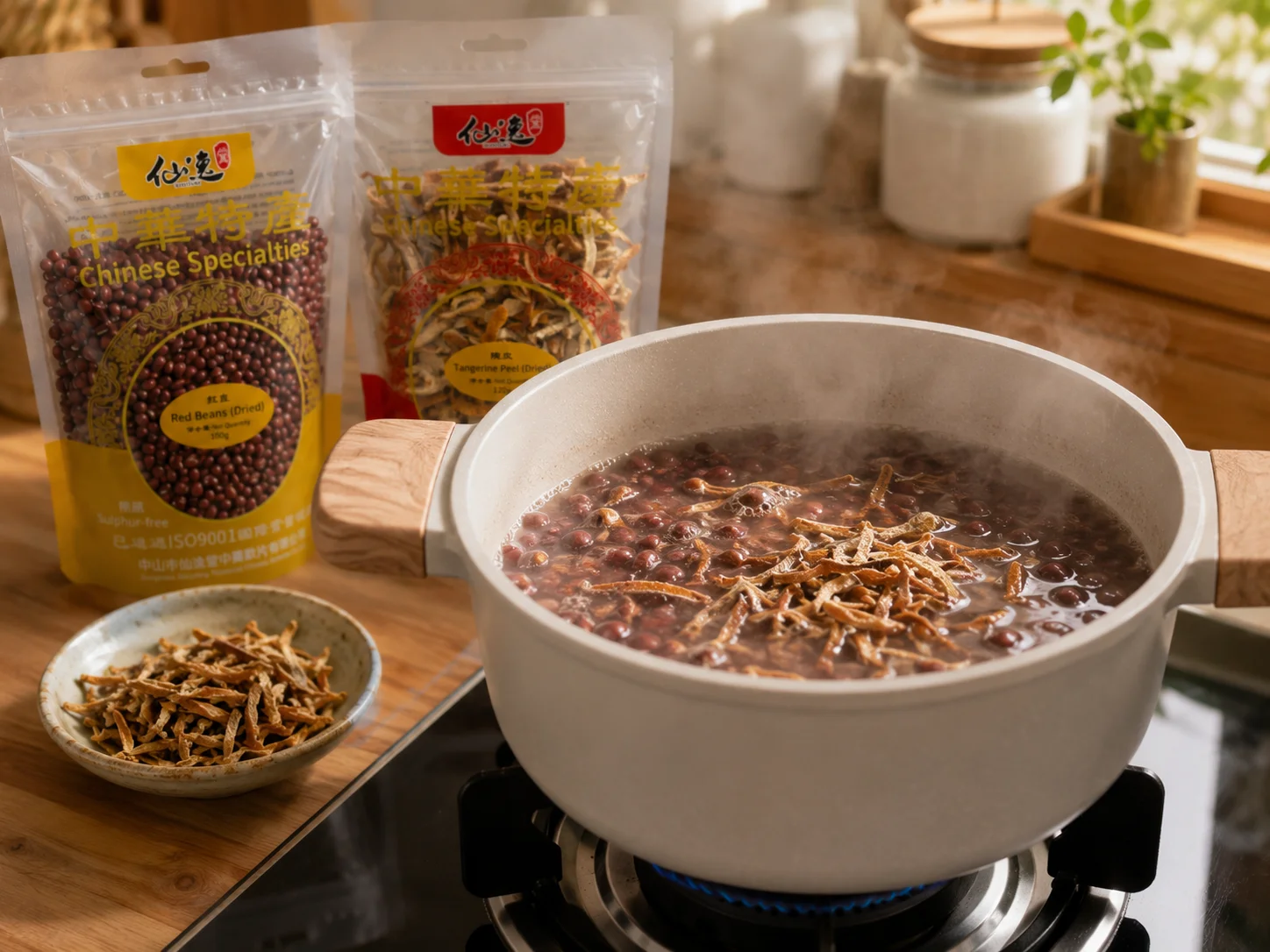 Chenpi added to simmering red bean soup