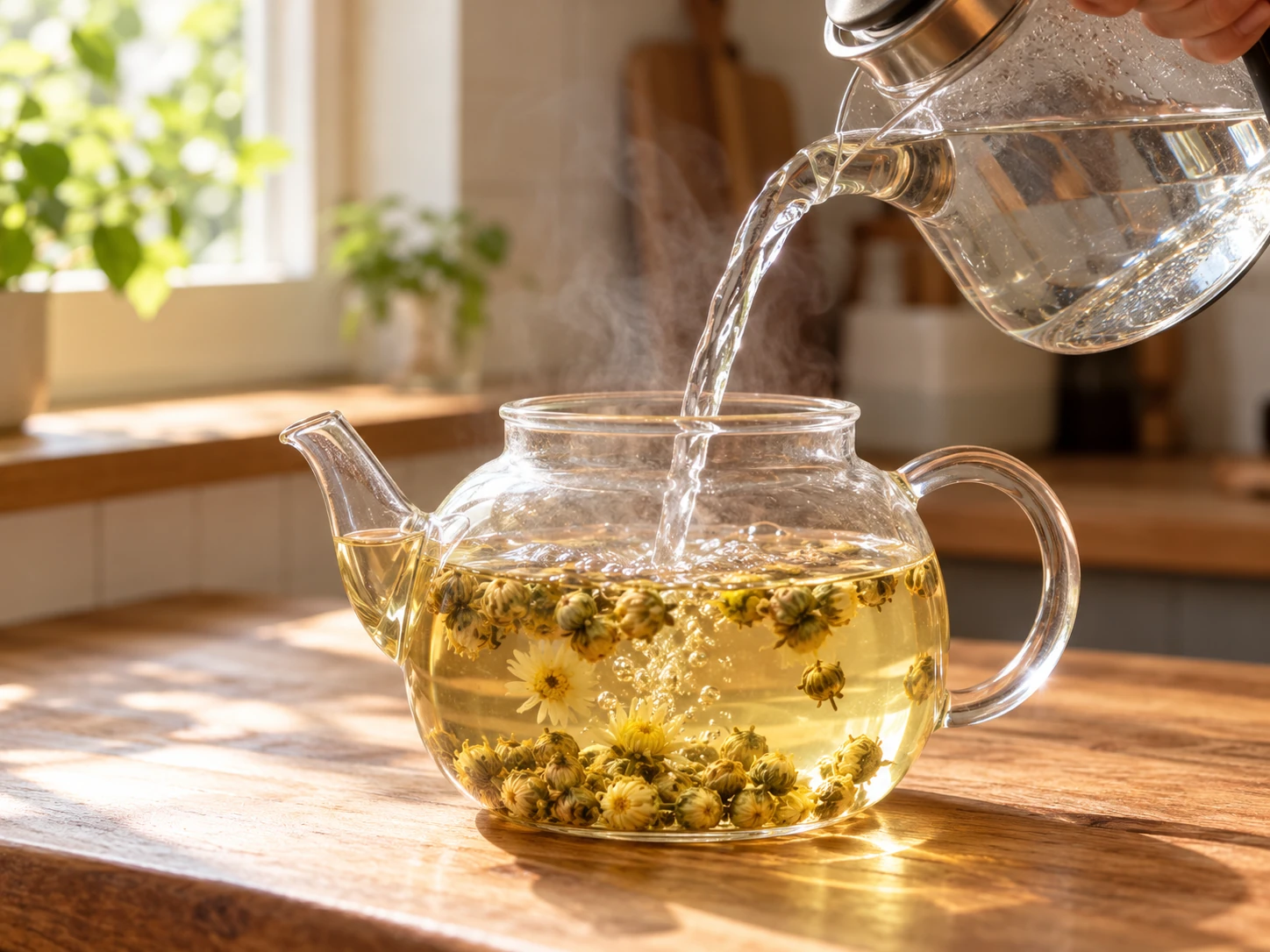 乾胎菊在耐熱茶壺中用沸水熱泡,花朵展開、水面清楚。