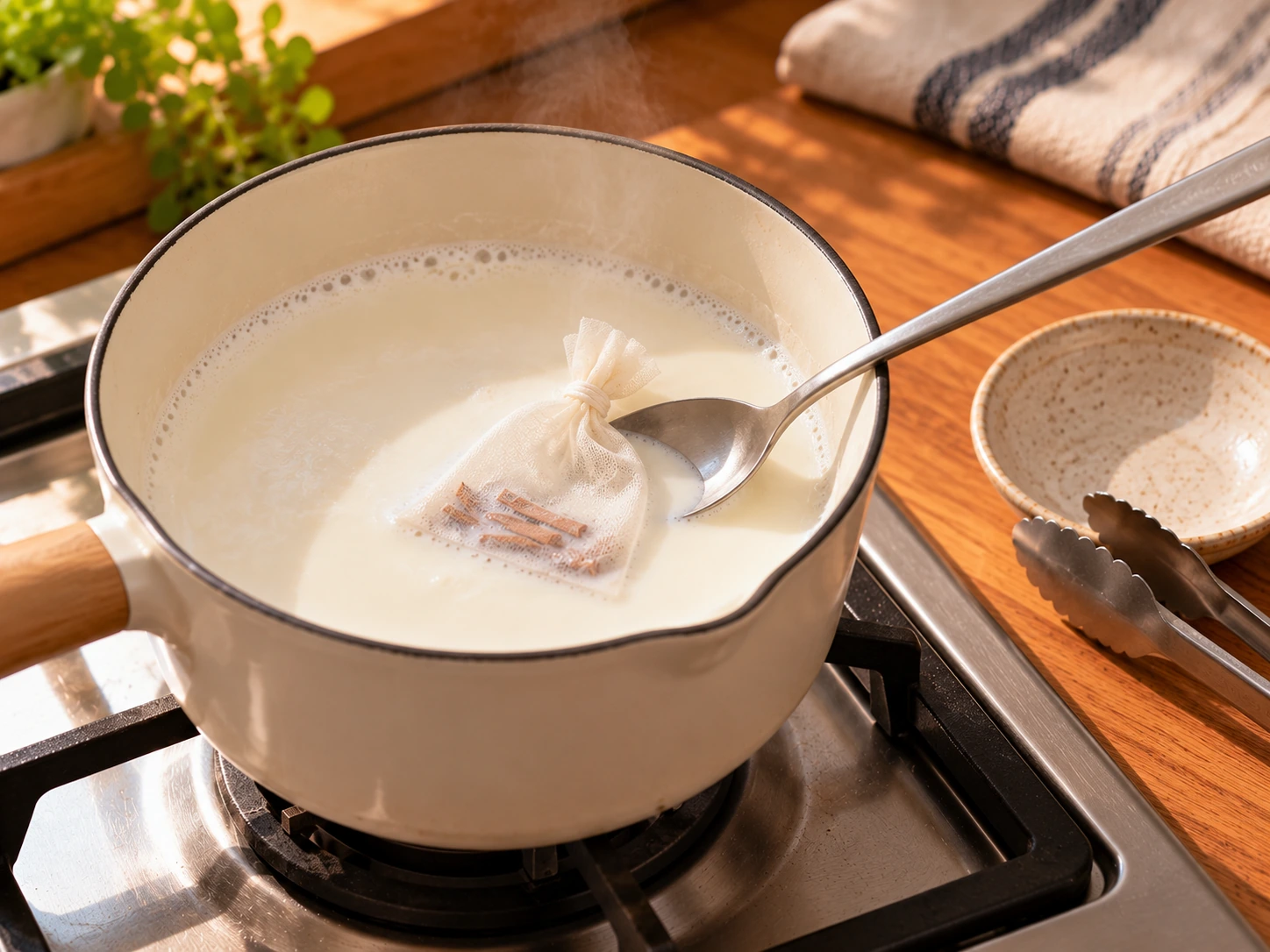 細密香料袋中的少量肉桂皮絲浸在小火熱牛奶中取香