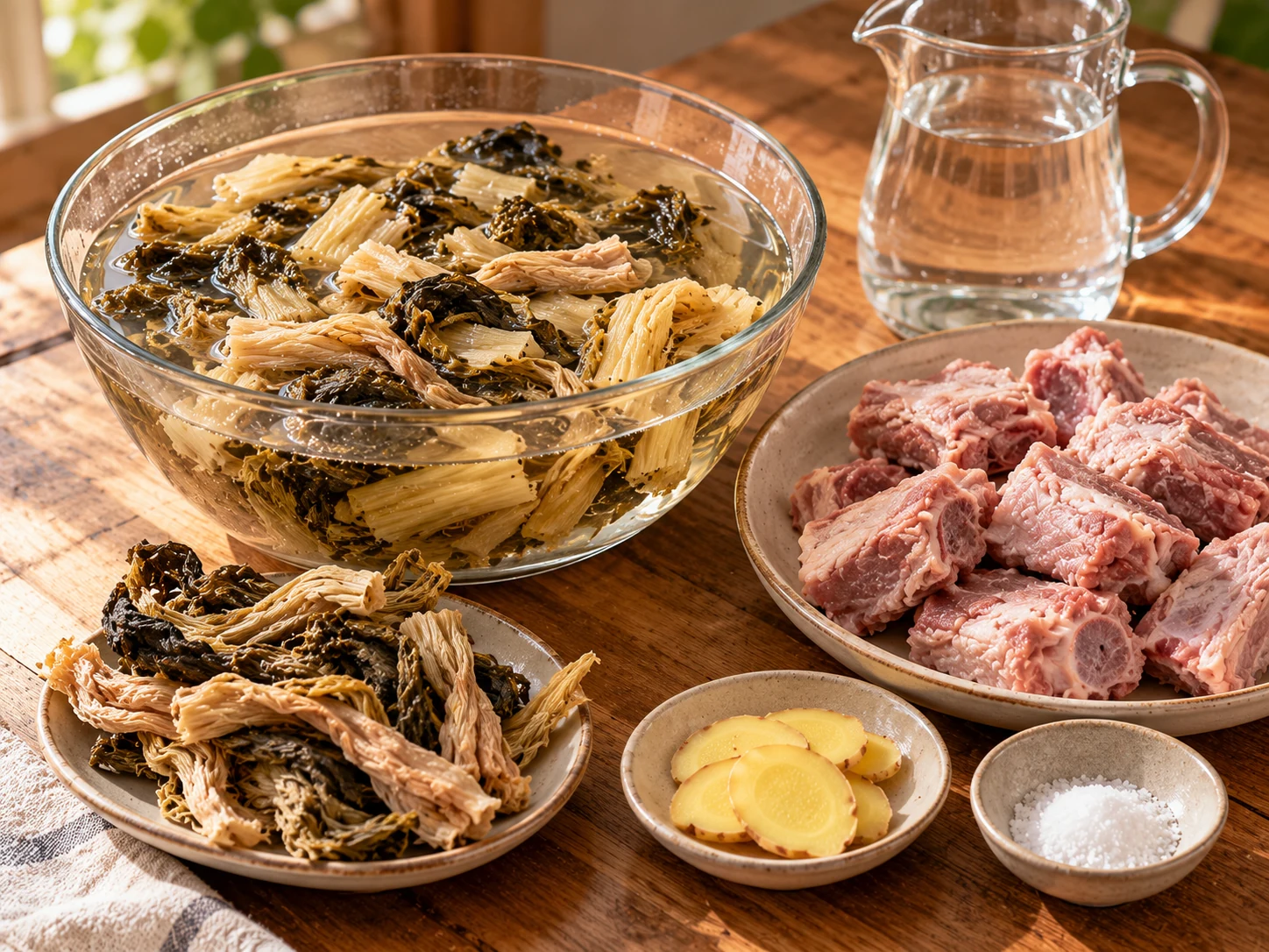 白菜乾、泡發碗、排骨、薑和鹽的備料示意。