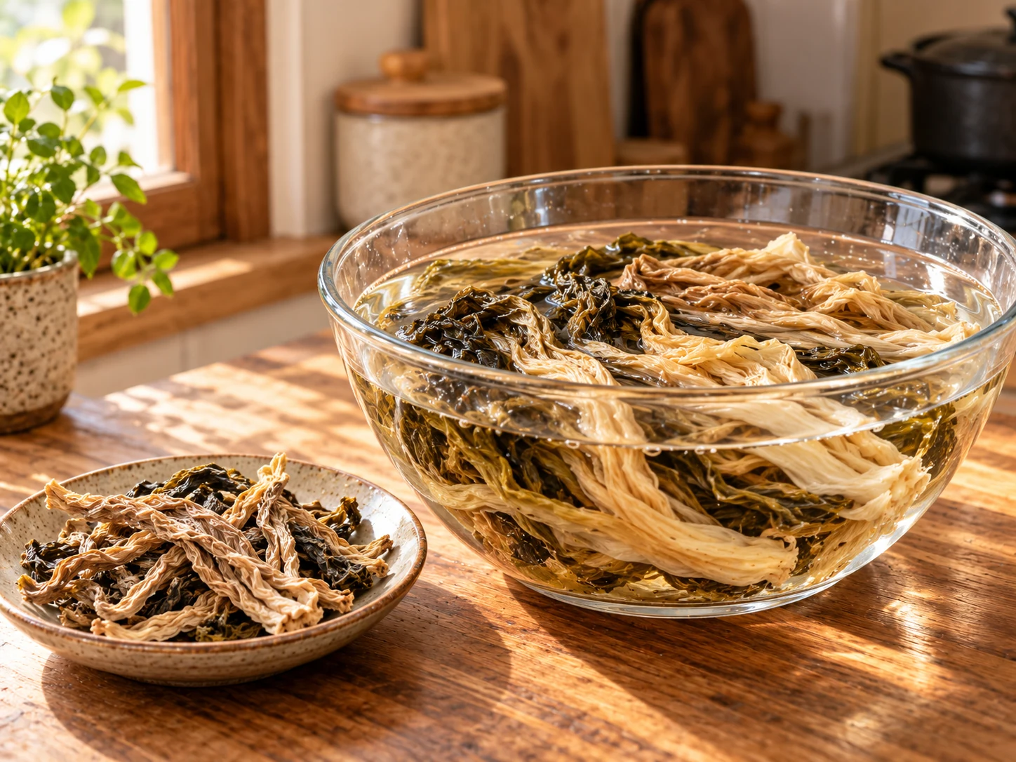 白菜乾在清水中展開泡發,旁有少量乾菜作對照。