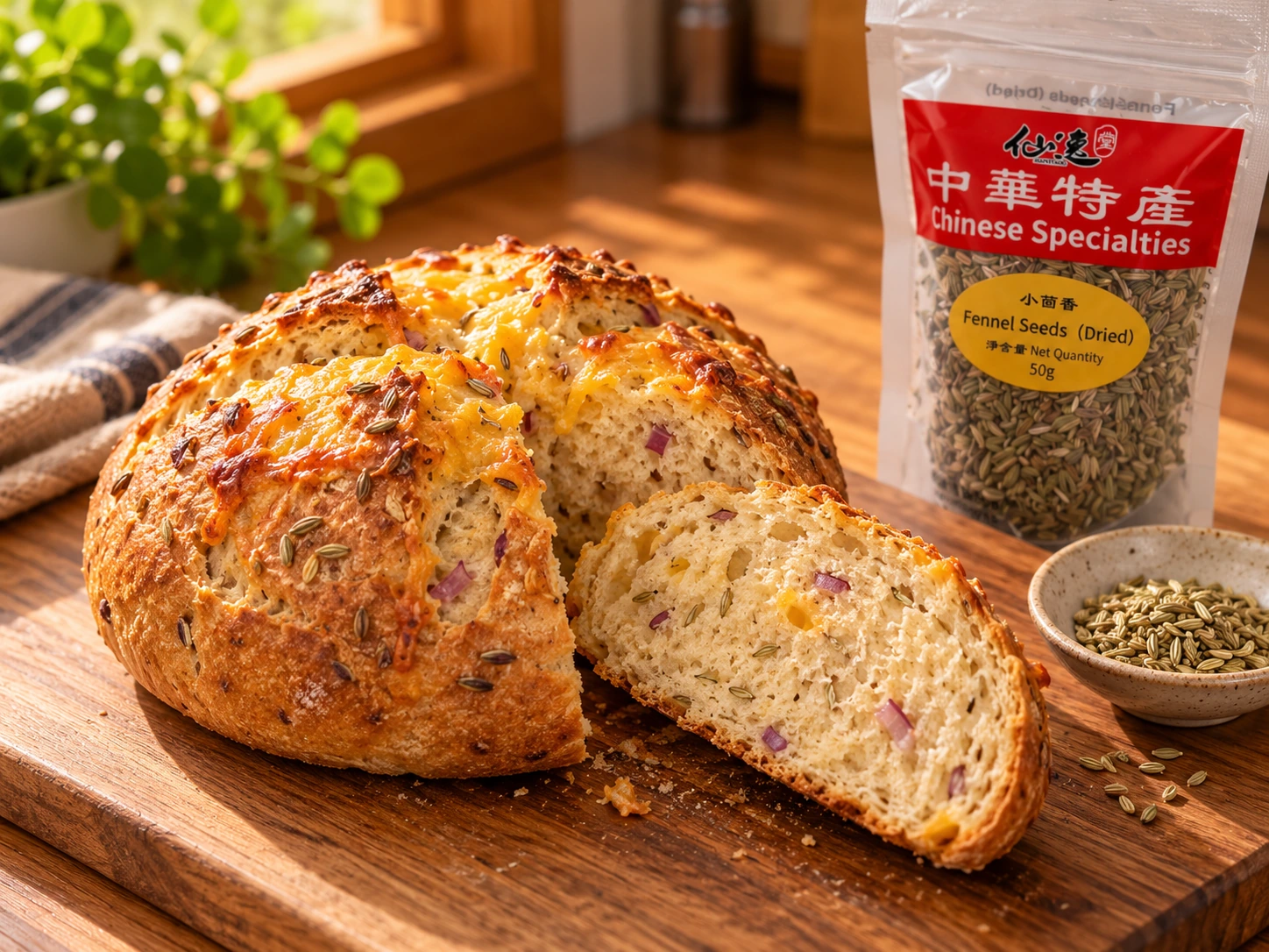 小茴香洋蔥切達蘇打麵包，深十字金黃表皮與一片全熟麵包屑，後側小茴香50g包裝