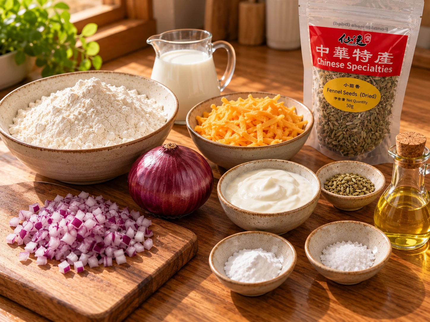 小茴香籽、切達、紅洋蔥、麵粉、酸奶、牛奶、小蘇打與小茴香50g包裝