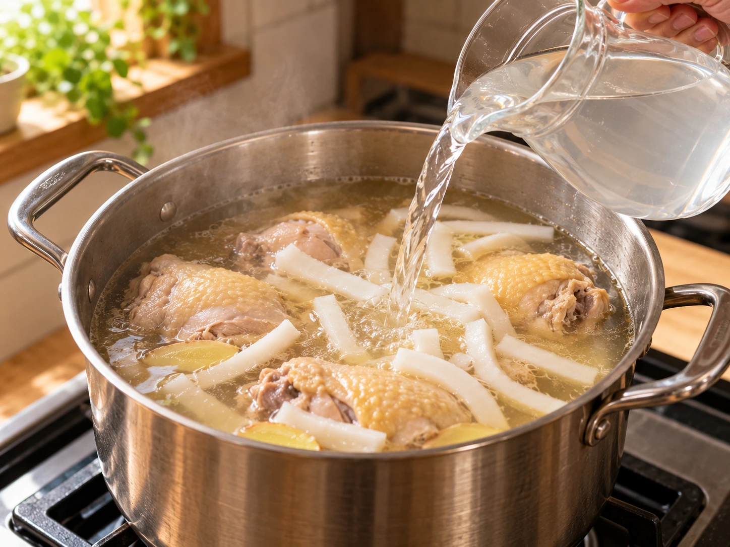 取出根段後加入椰肉和椰子水的雞湯