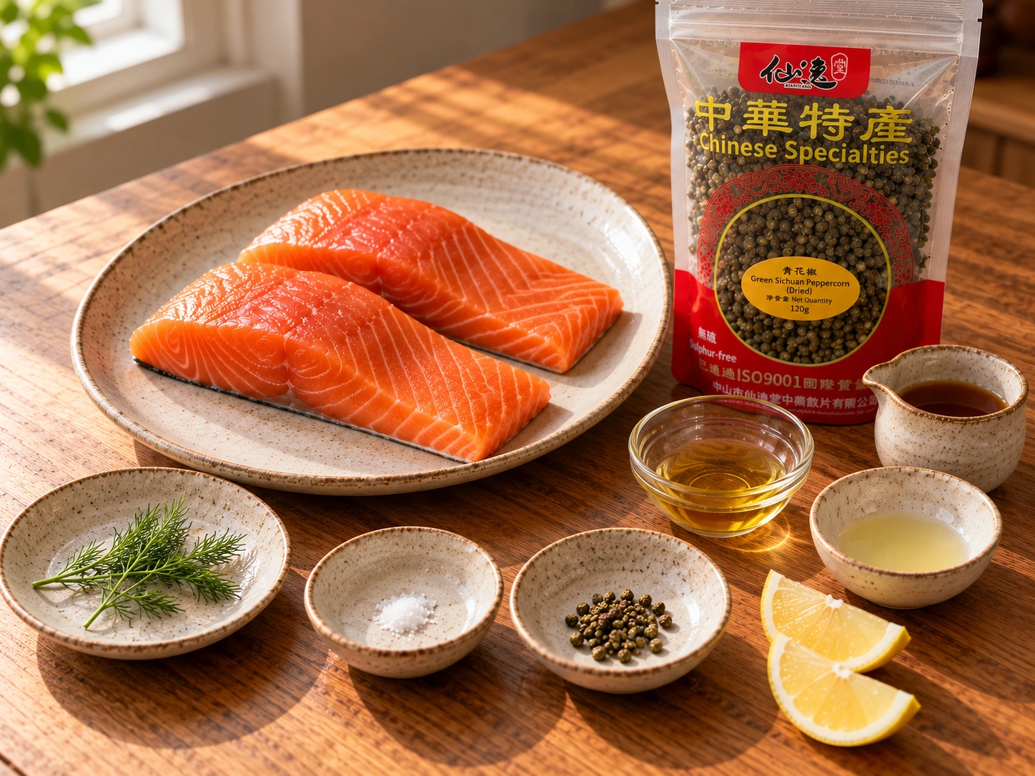 青花椒楓糖烤三文魚的食材:兩塊生魚、乾整粒青花椒、楓糖、油、檸檬、蒔蘿和鹽,配仙逸堂青花椒120g包裝。