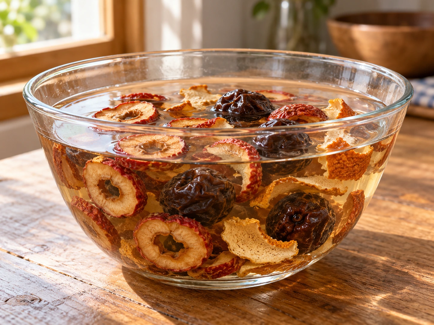 山楂、陳皮及烏梅在清晰水面下浸泡