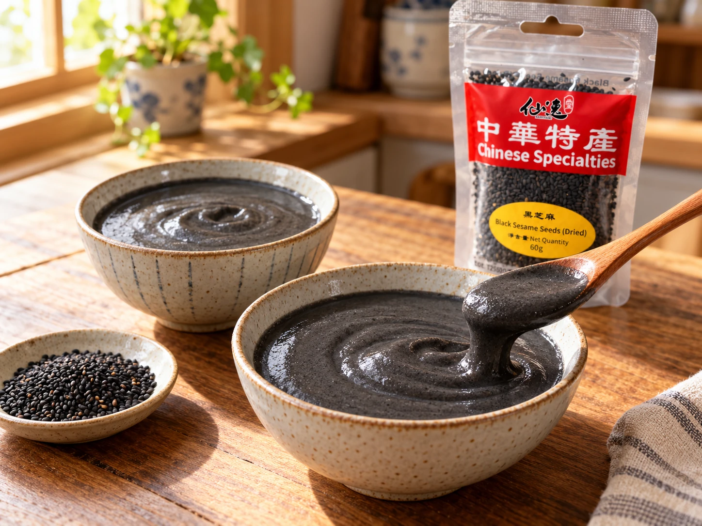 兩小碗深灰黑、順滑且能緩慢流動的熟芝麻糊。