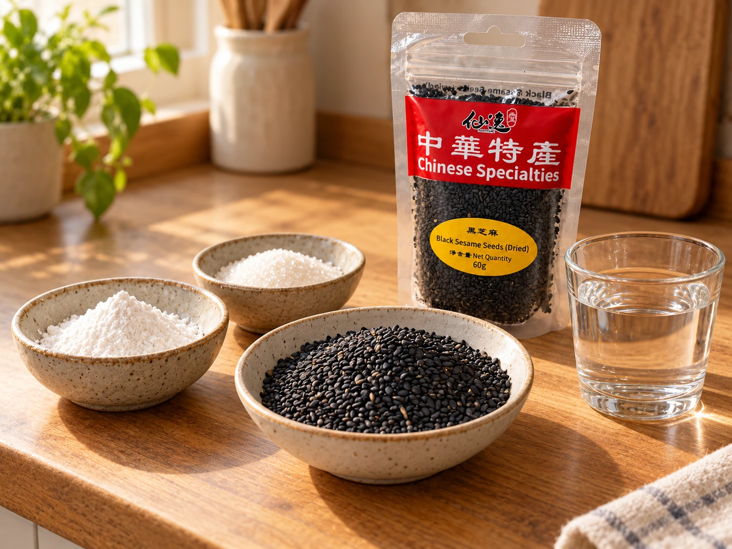 60g黑芝麻、少量糯米粉、糖和水,配真實黑芝麻60g包裝。