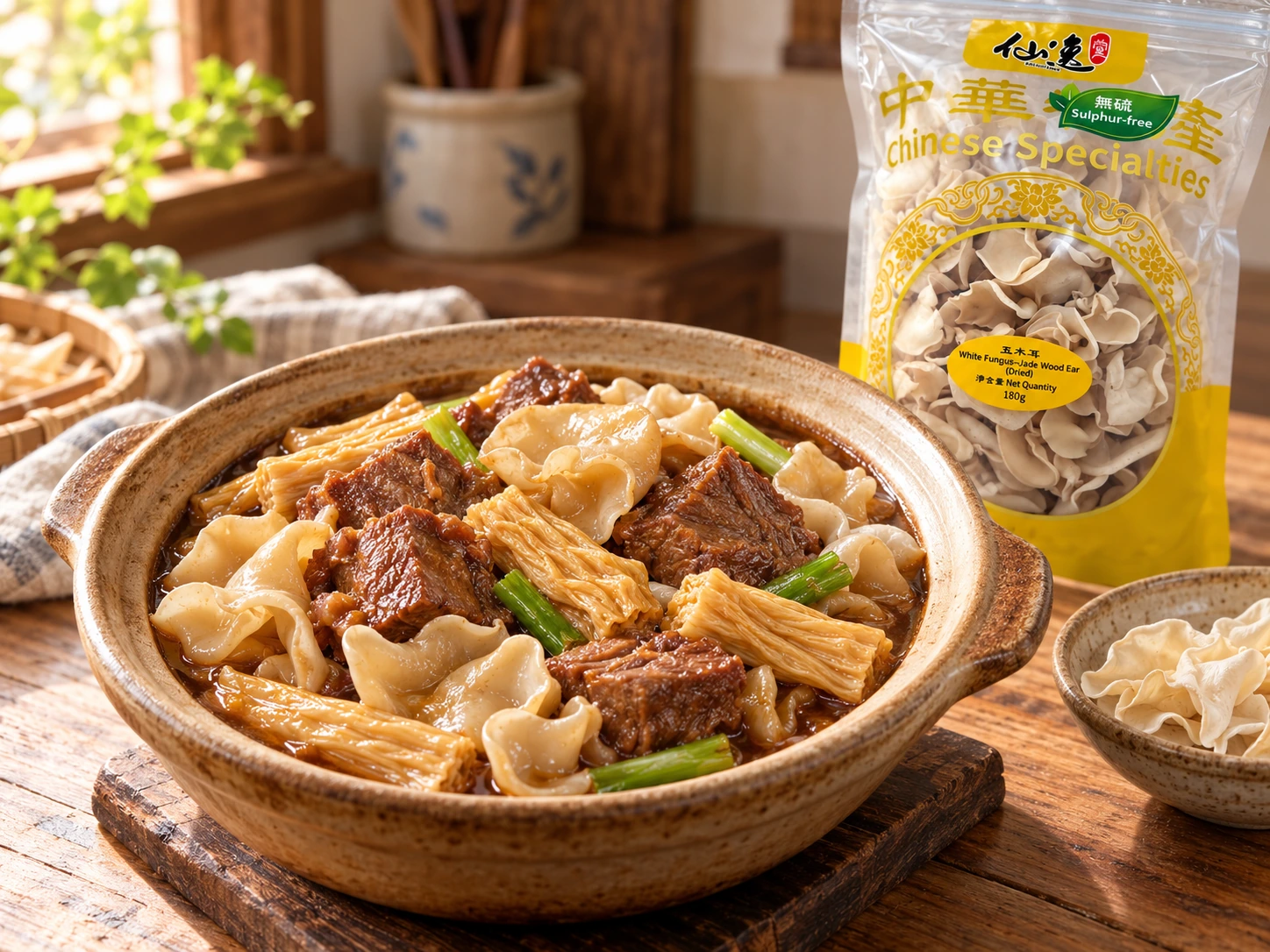 牛肉塊、乳白熟玉木耳及金黃腐竹在棕色薄汁中合煲