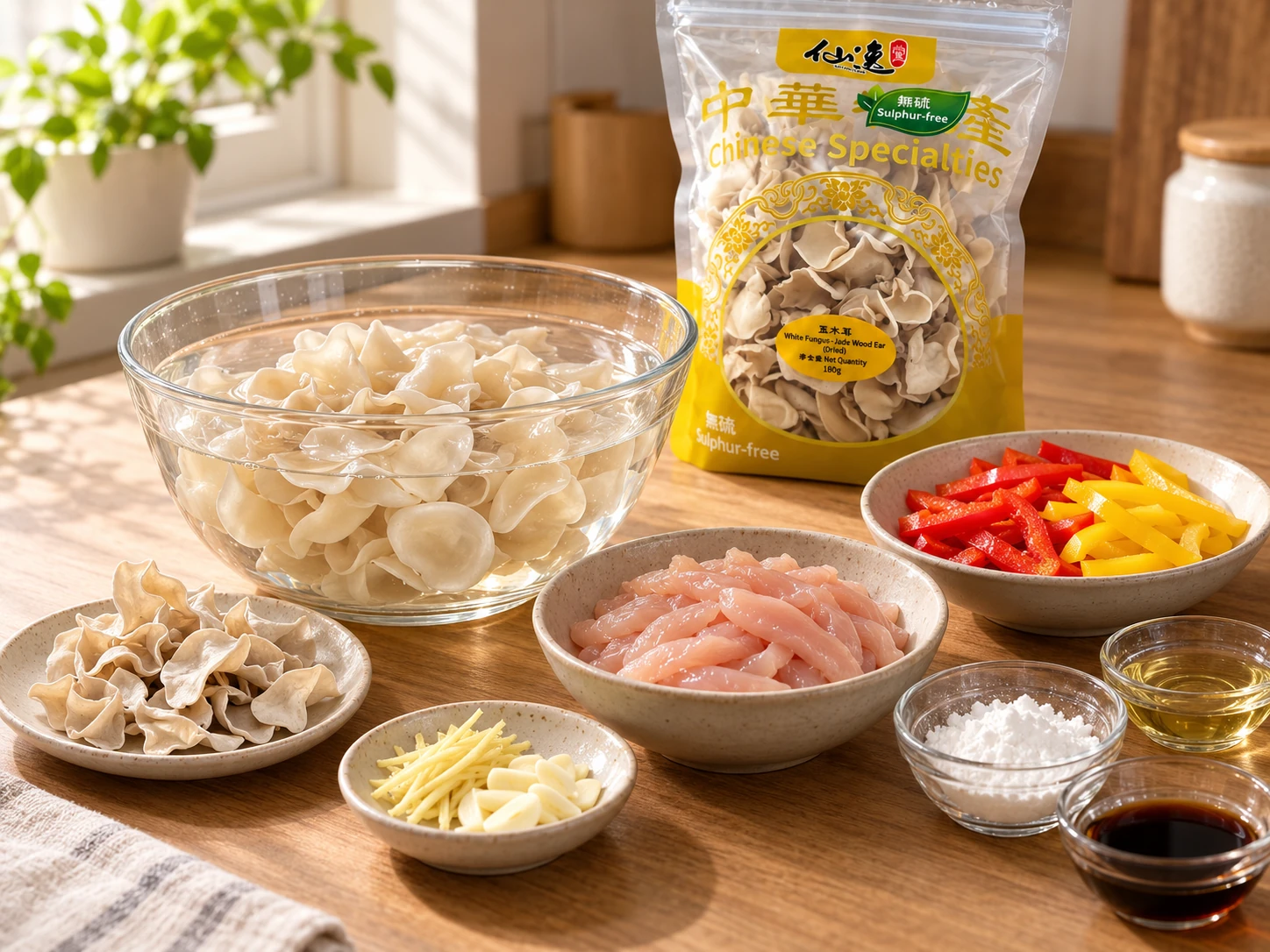 玉木耳在溫水中泡發,旁有乾玉木耳、生雞肉條、紅黃彩椒和配料。