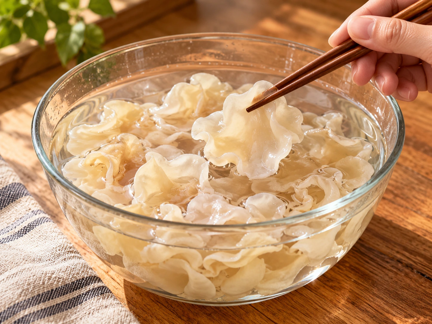 玉木耳在透明碗清水中展開泡發，水面清晰可見