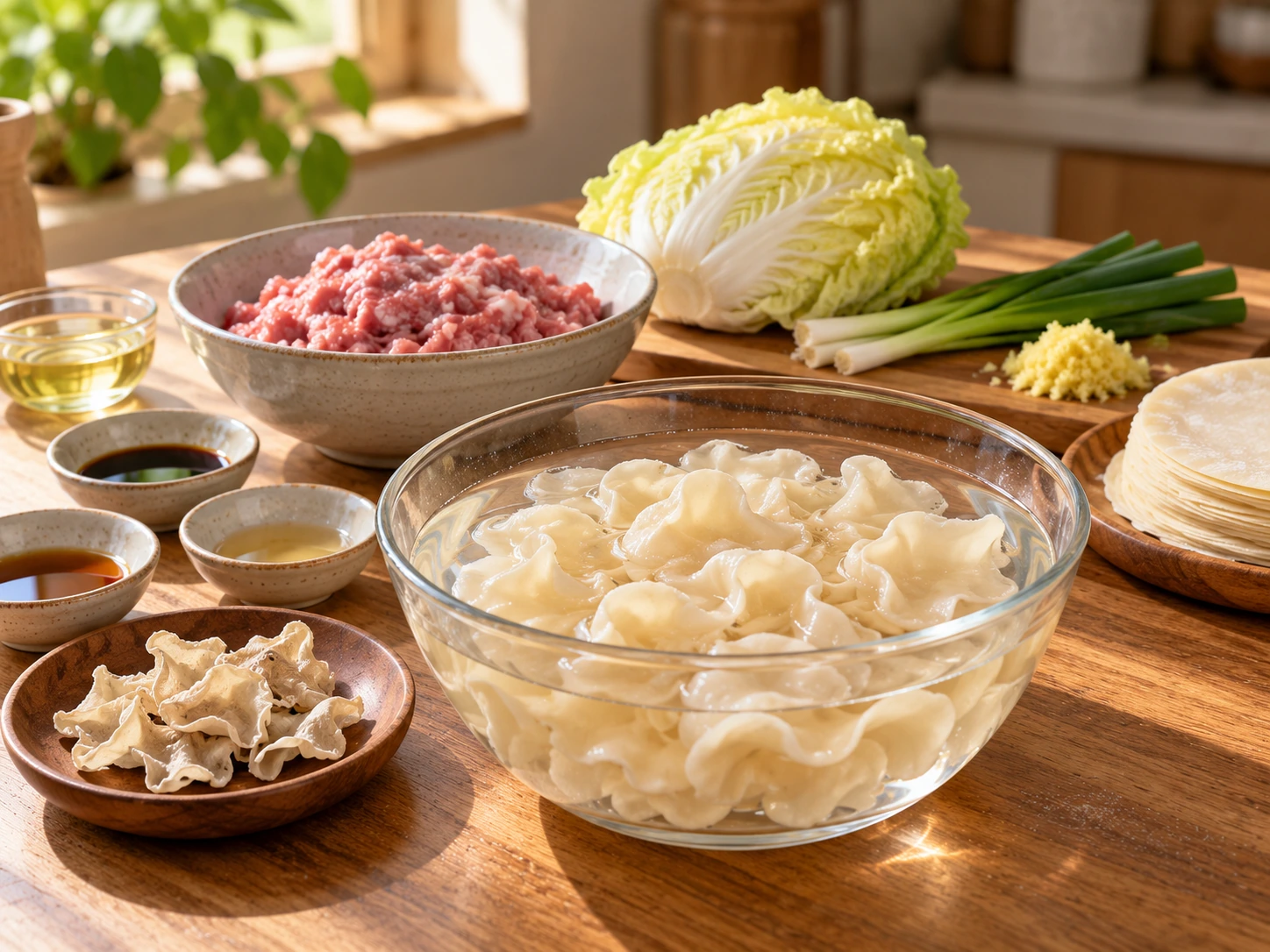 乾玉木耳與水中泡發的玉木耳、豬肉末、白菜及餃子皮備料