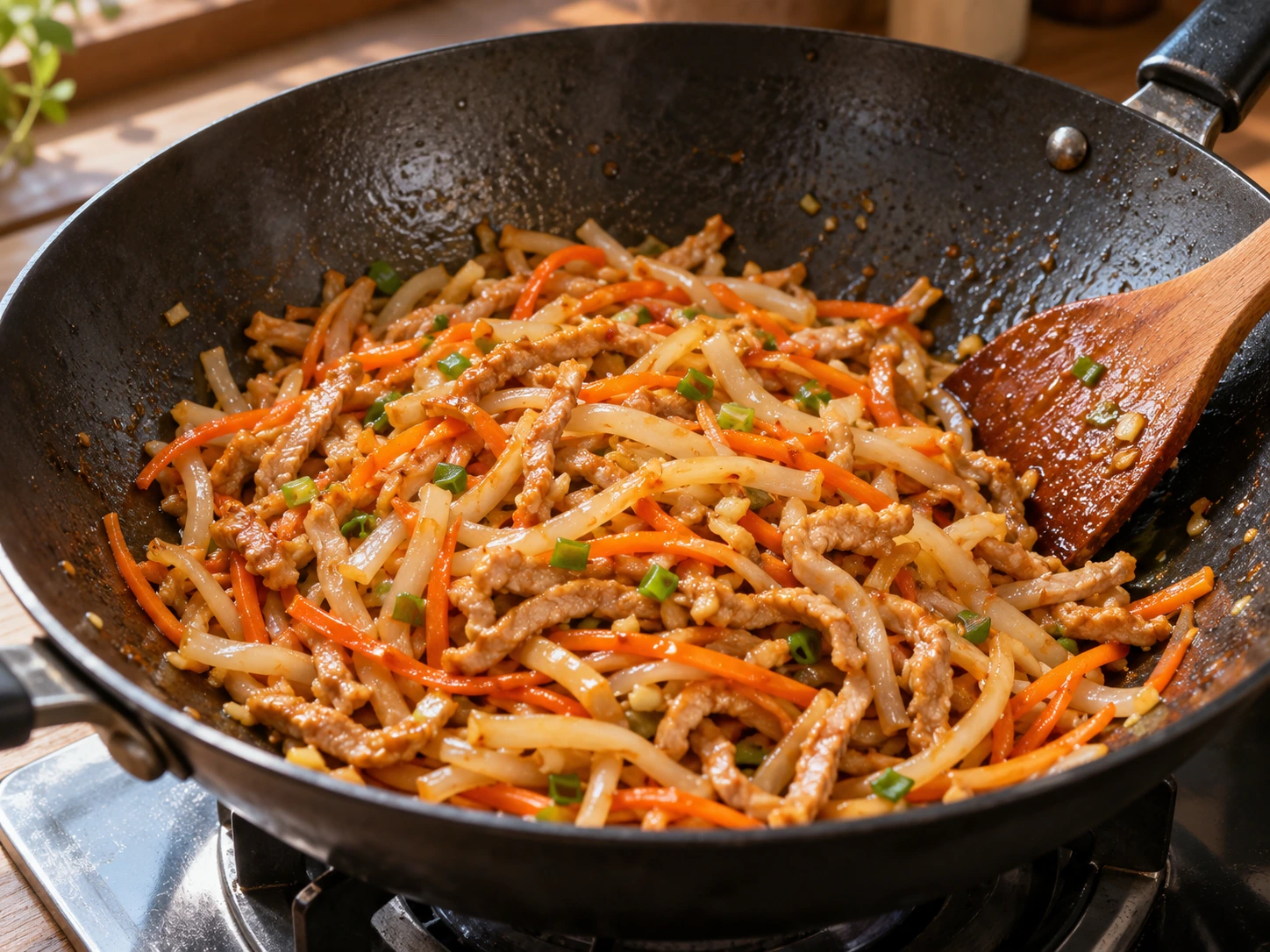 Fully cooked pork, pre-cooked jade wood ear and carrot coated in sauce in a wok