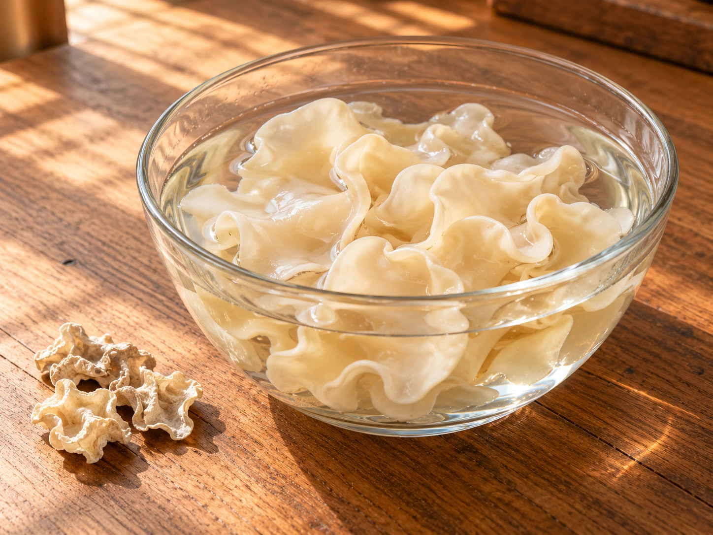 Pale jade wood ear submerged in soaking water beside a small dried sample
