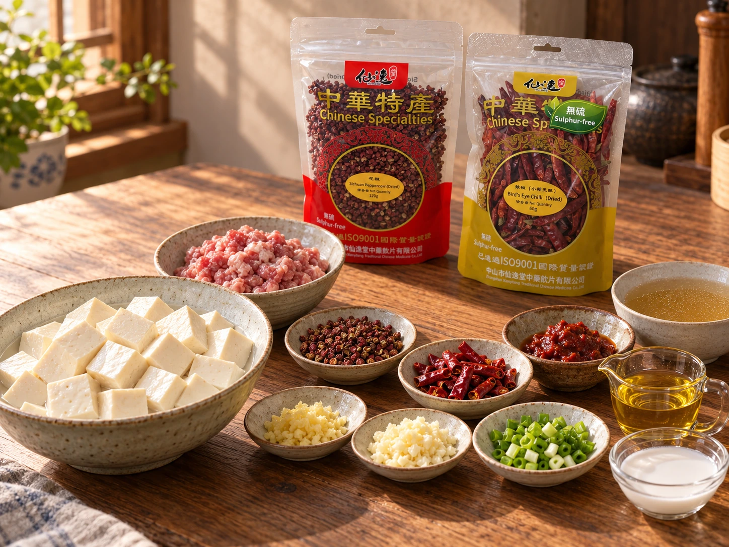 乾花椒、乾小朝天辣、嫩豆腐、豬肉末和豆瓣醬等備料