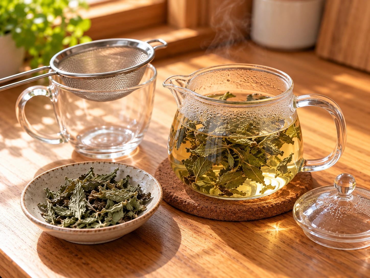 Dried mint infusing in hot water in a lidded heatproof jug, with a fine sieve ready for straining