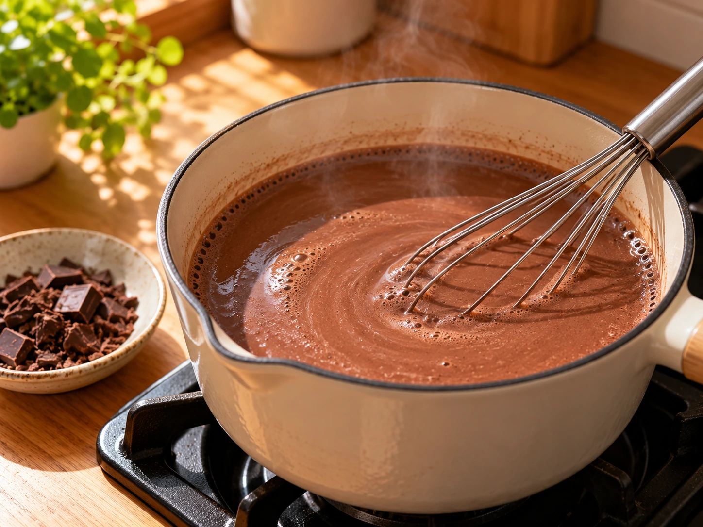 Cocoa, strained mint infusion, milk and dark chocolate warming into a smooth drink in a small saucepan, with no leaves