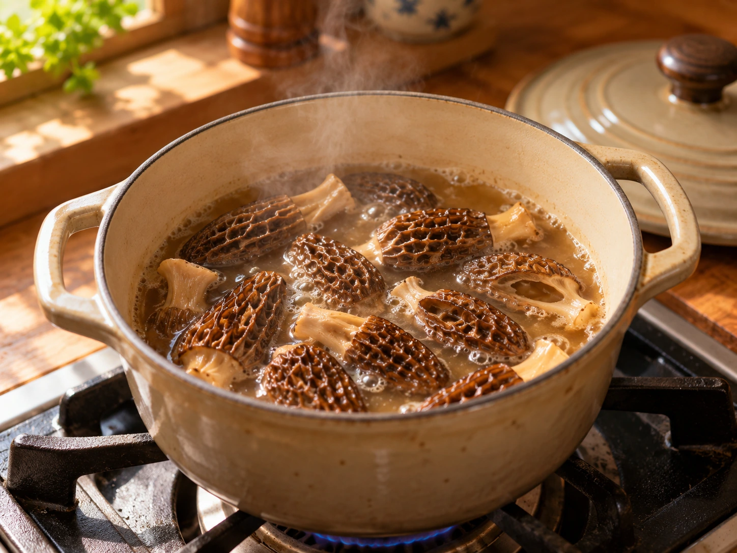 小鍋中羊肚菌浸在高湯裏充分小火熟煮