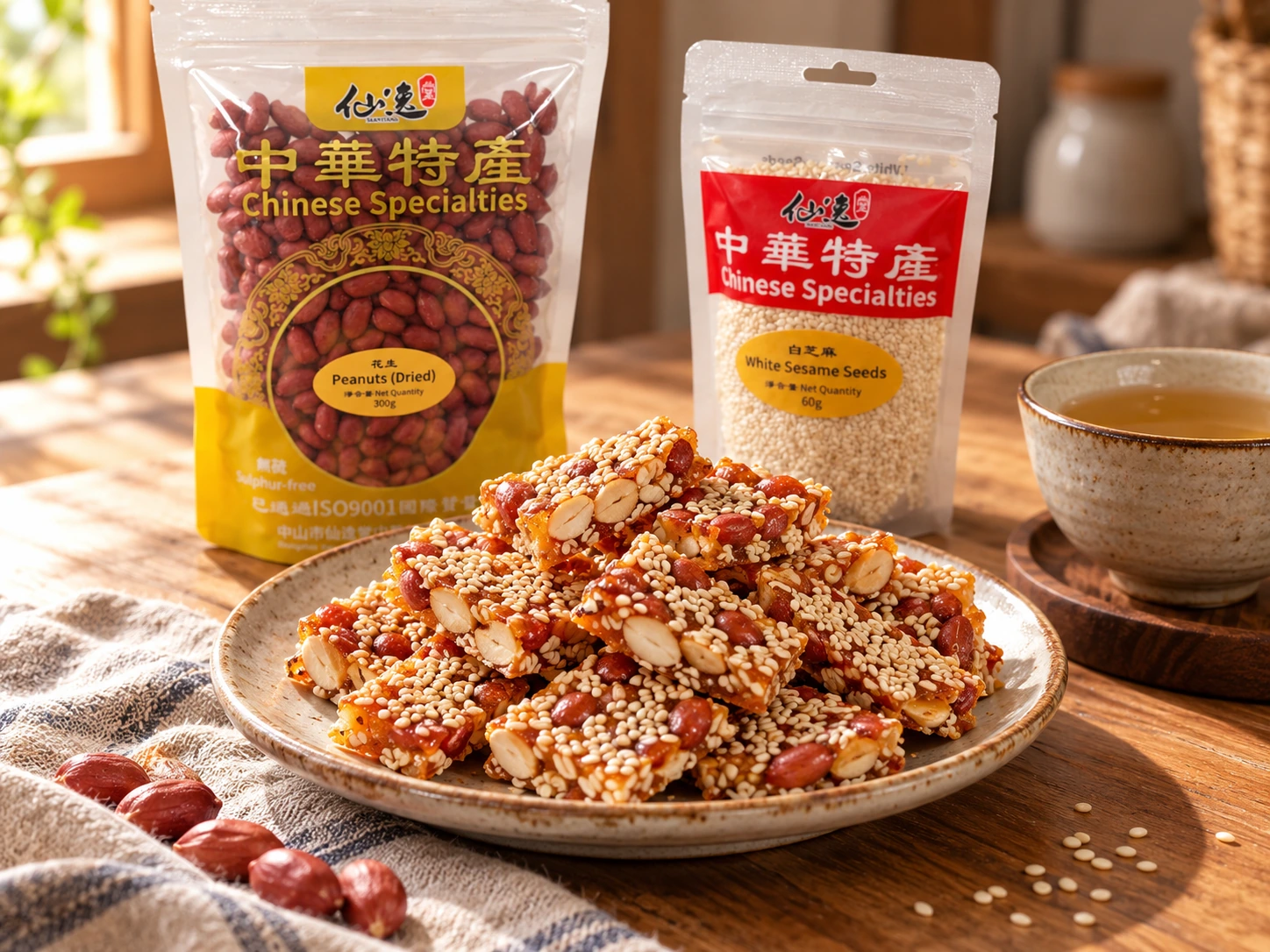 金黃色花生白芝麻脆糖切成小塊，能看見花生半粒和白芝麻，後側有兩款真實商品包裝