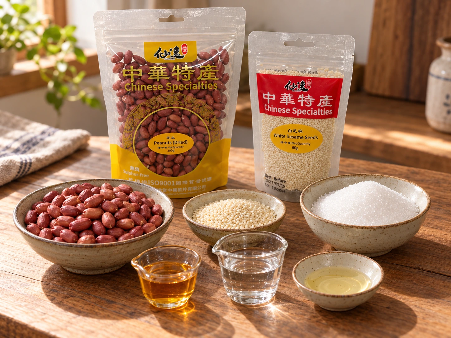 花生300g及白芝麻60g包裝、少量生花生白芝麻、糖、金黃糖漿和清水