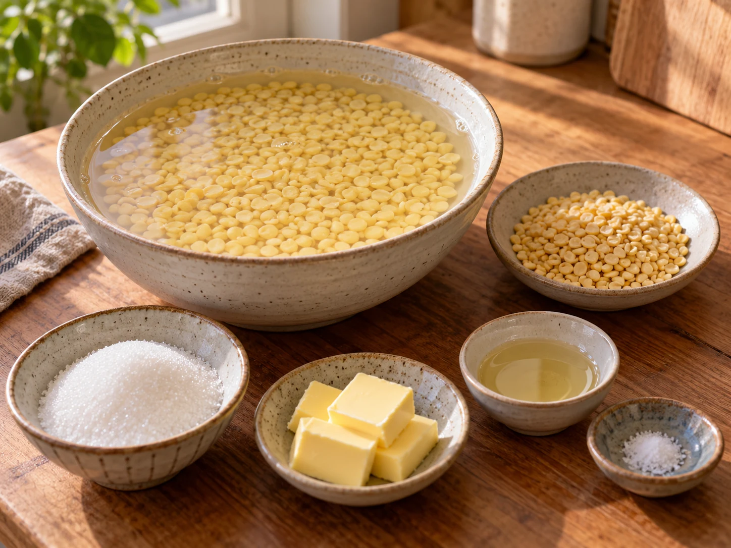 去皮綠豆的乾豆與浸泡狀態,配砂糖、牛油、油和鹽。