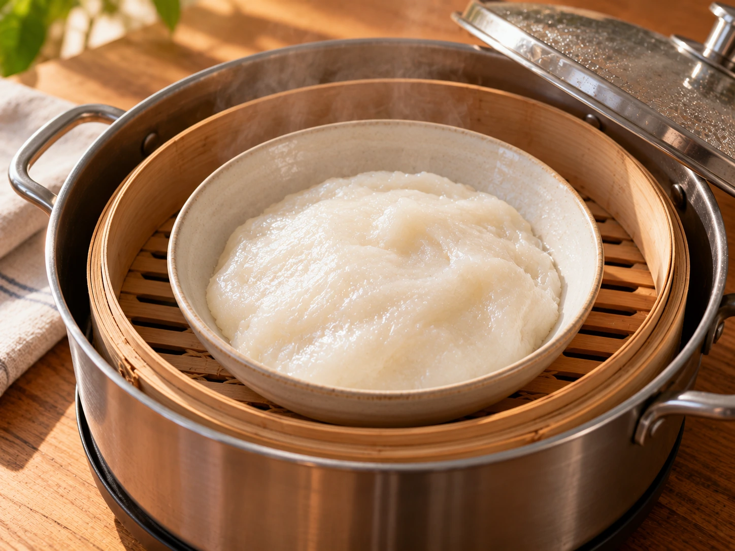淺耐熱碗裏整團已蒸熟、稍透亮的糯米皮
