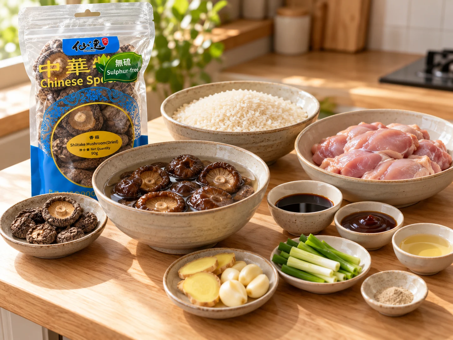 仙逸堂香菇90g包裝、乾香菇和水中泡發香菇,與雞肉、未煮米及調味配料的備料示意。