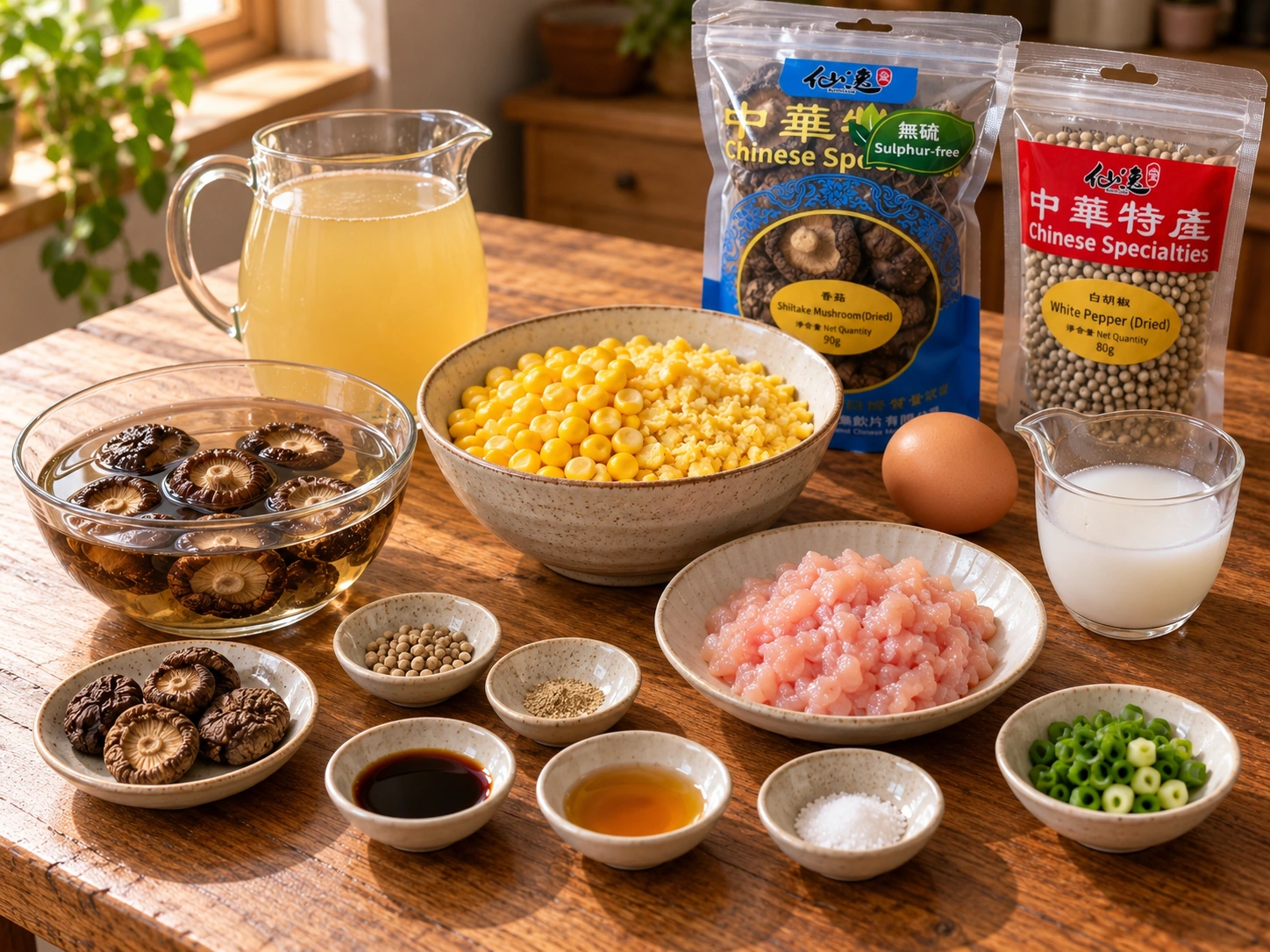 粟米羹的食材:水中浸發香菇、雞肉細粒、粟米、一隻雞蛋、粟粉水和原粒白胡椒,配香菇90g及白胡椒80g包裝。