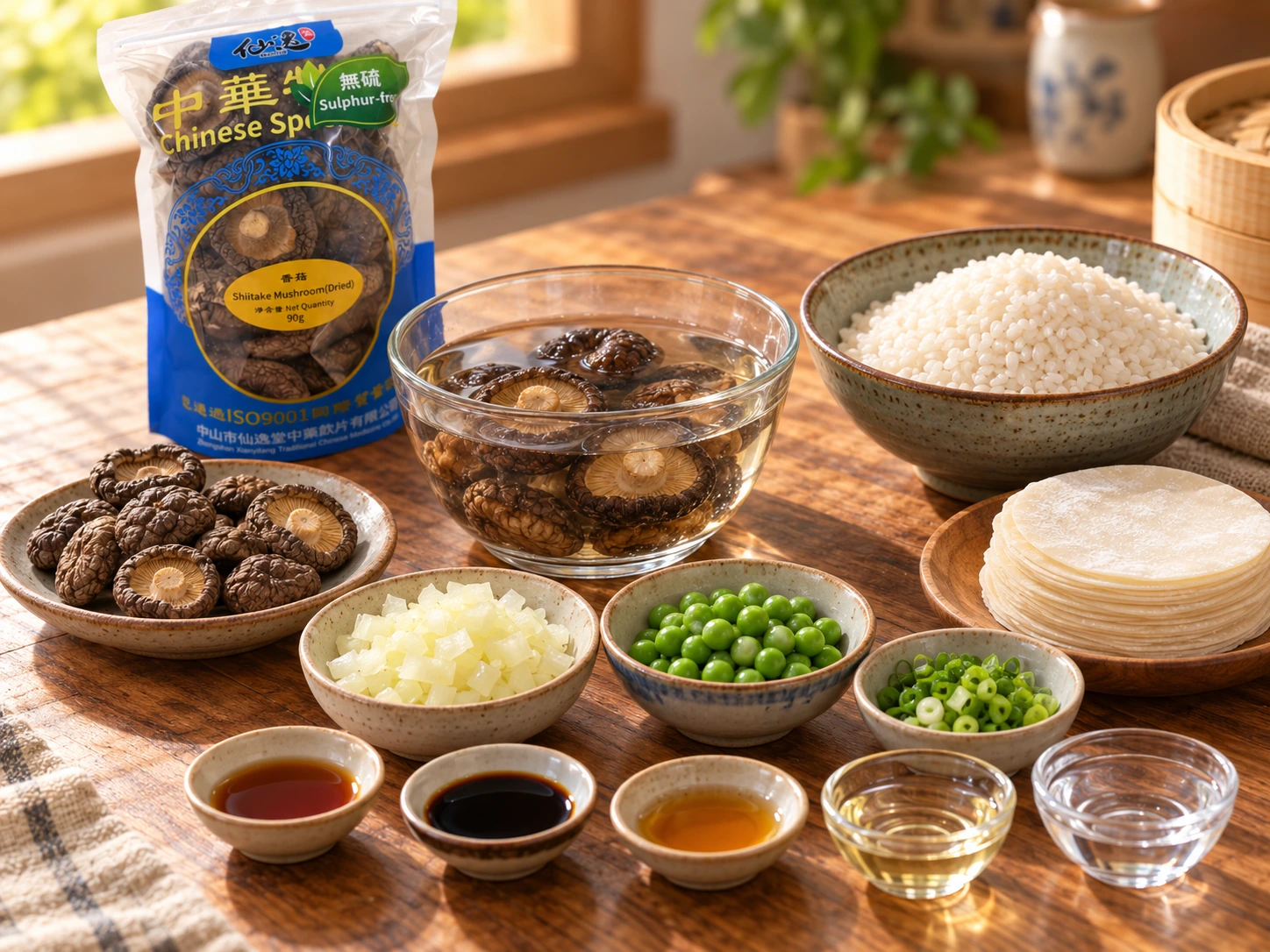 乾香菇、泡發對照、生糯米、現成皮和洋蔥豌豆等備料
