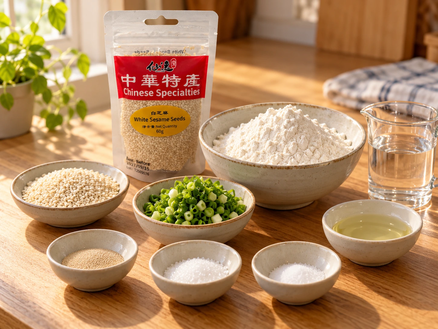 白芝麻、蔥、麵粉、酵母和簡單調味分碗備好