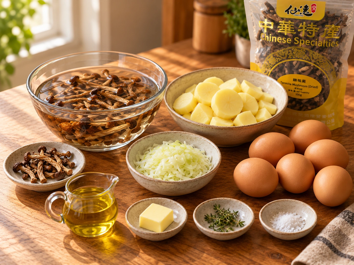 雞樅菌薯仔烘蛋的食材:雞樅菌乾貨及水中浸發菌菇、薯仔、韭葱、六隻雞蛋和調味料,配仙逸堂雞樅菌100g包裝。