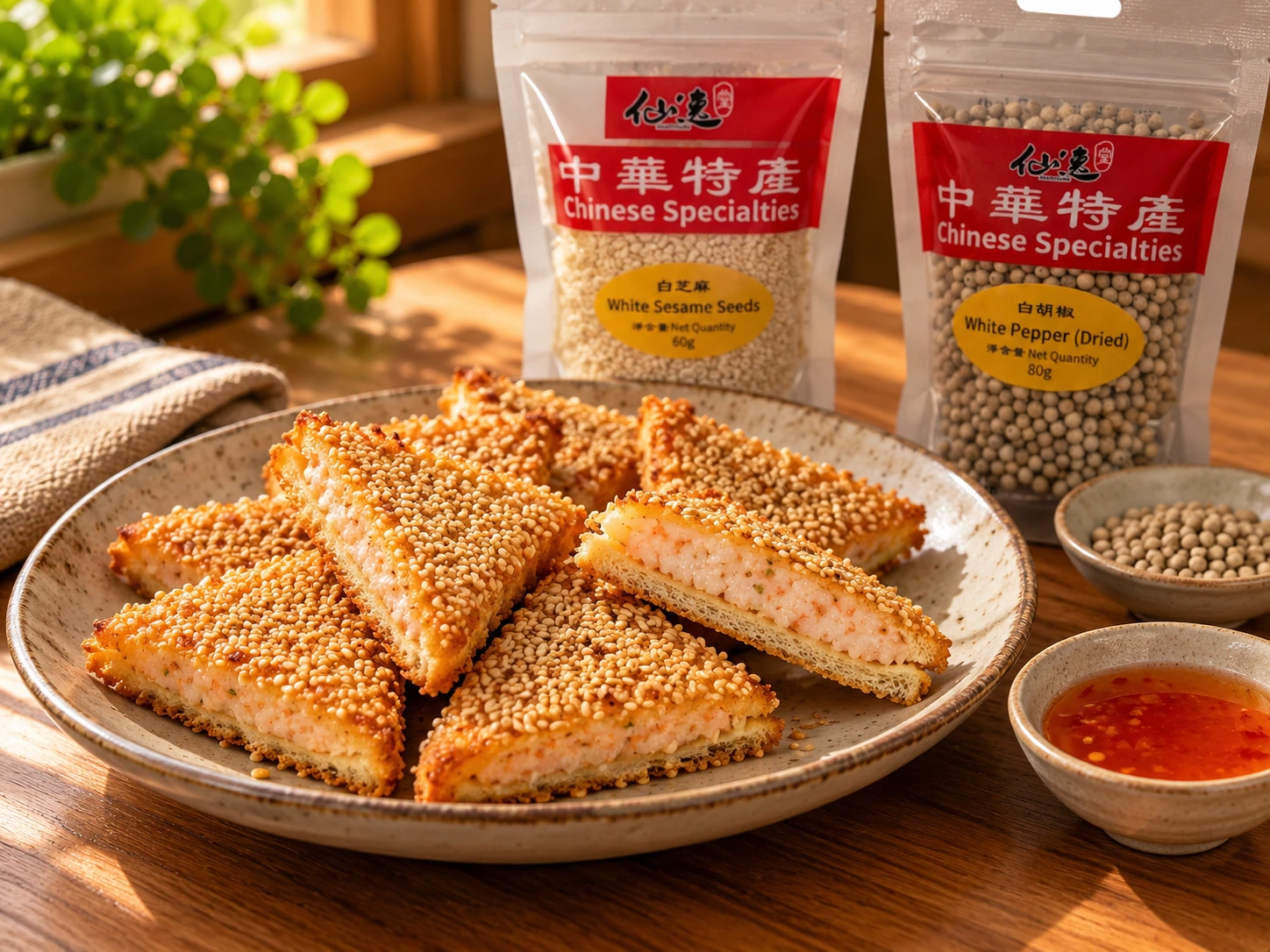 白芝麻酥殼、全熟蝦蓉和吐司三層的小三角多士，後側有白芝麻60g及原粒白胡椒80g包裝