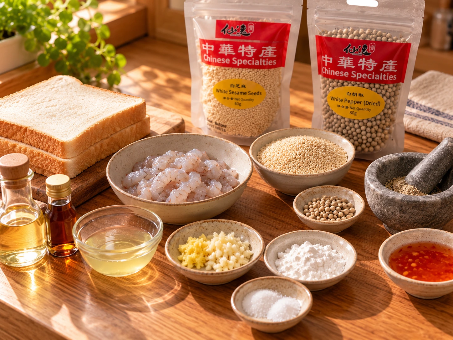 白芝麻、原粒白胡椒及現磨小臼,配生蝦仁、吐司、蛋白與調味料